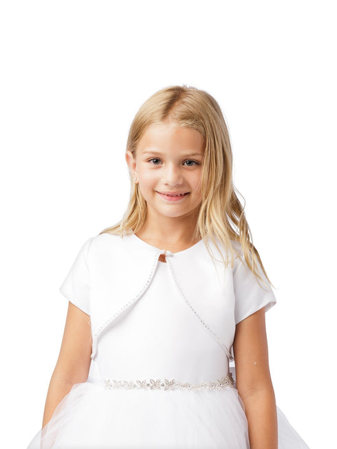 Big Girls White Short Sleeved Rhinestone Trim Satin Bolero Jacket 8-16 - SophiasStyle.com